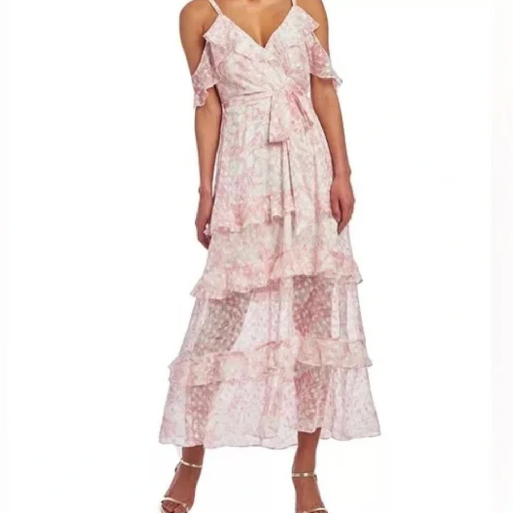 Christian Siriano Ruffle Pink & White Maxi Dress